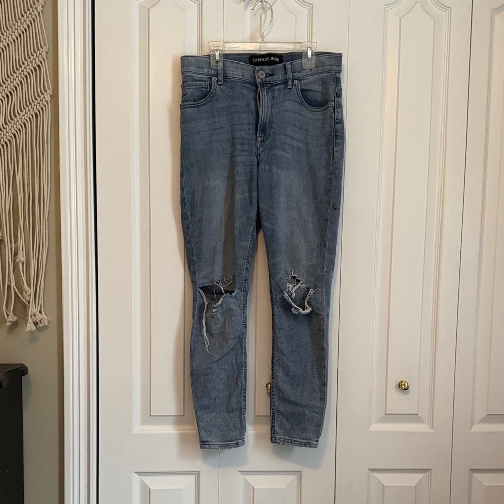 Express High Rise Distressed Skinny Jeans in Blue